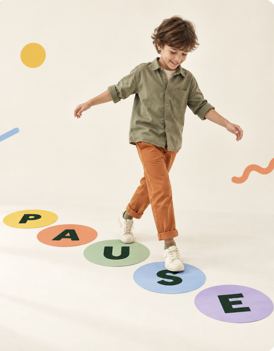 A child steps across colourful P.A.U.S.E. circles on the floor