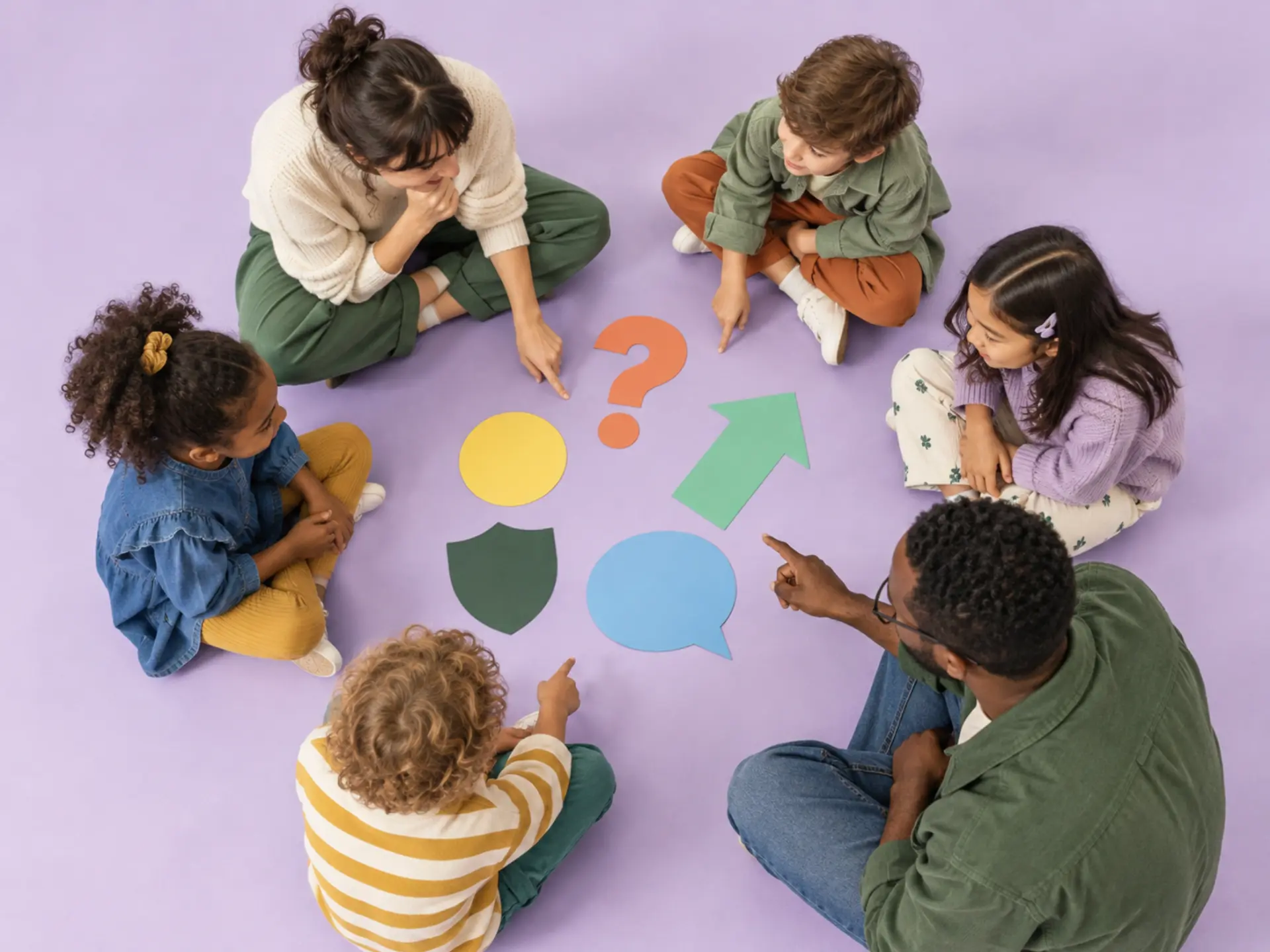 Children and grown-ups exploring real-world questions together through a playful activity.