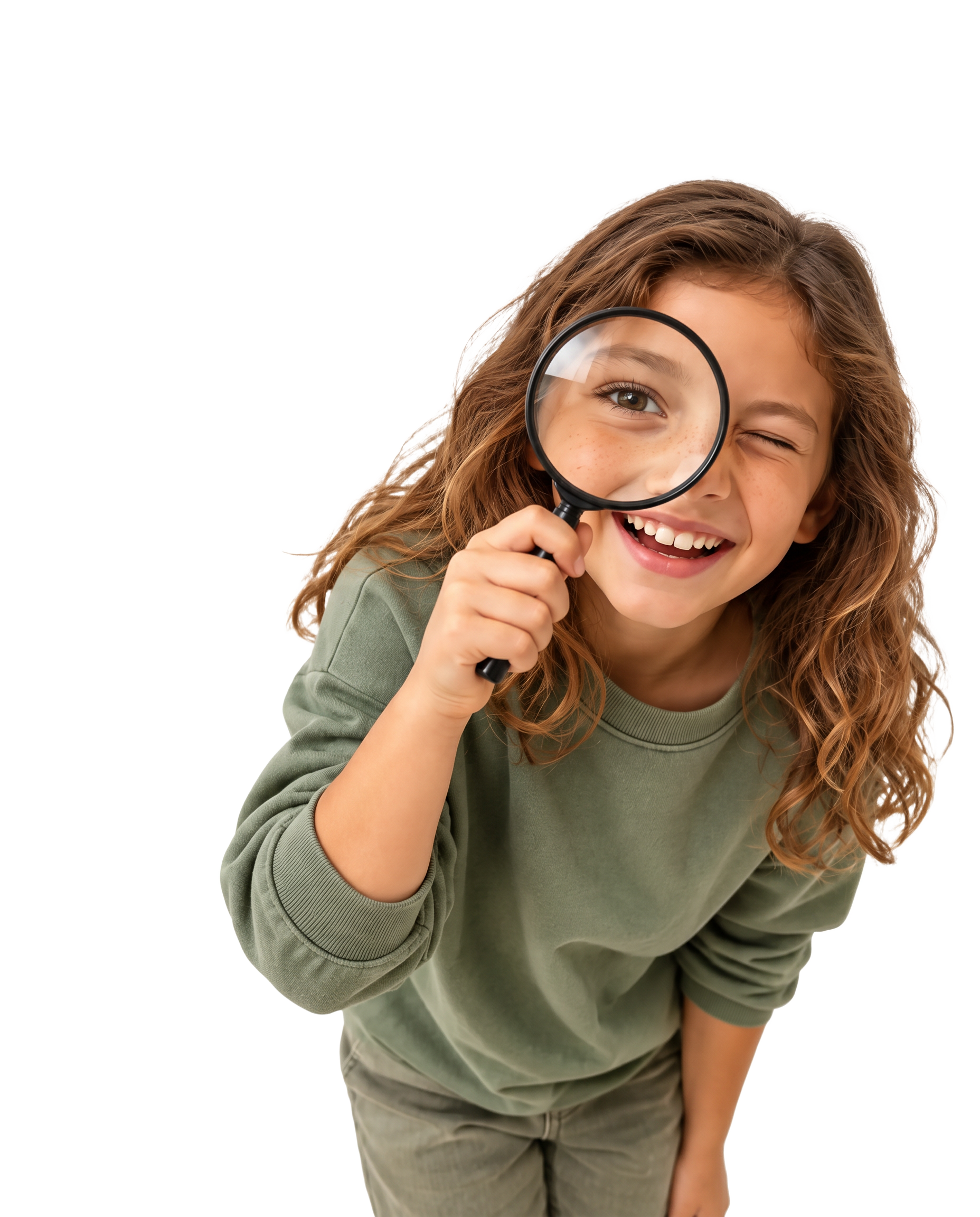 A curious child looking closely through a magnifying glass